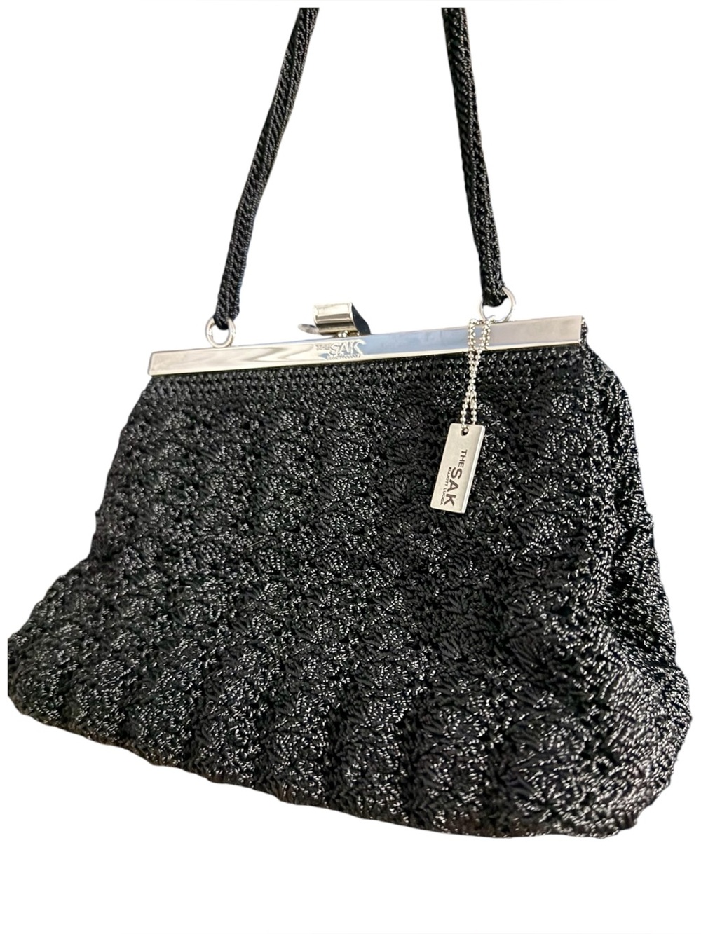 Vintage Sak by Elliot Lucca Black Crochet Kiss Lock Handbag Purse Y2K